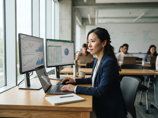 Data analytics student interacting with analytical dashboards and financial tables