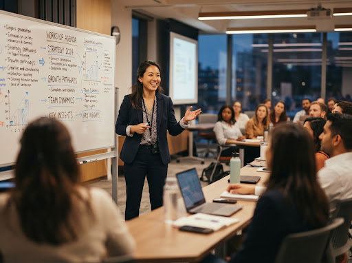 Professional instructor delivering executive presentation workshop in front of modern corporate whiteboard