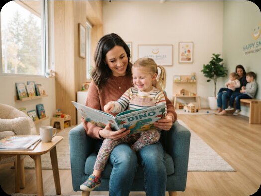 Parent reading with child in dental clinic