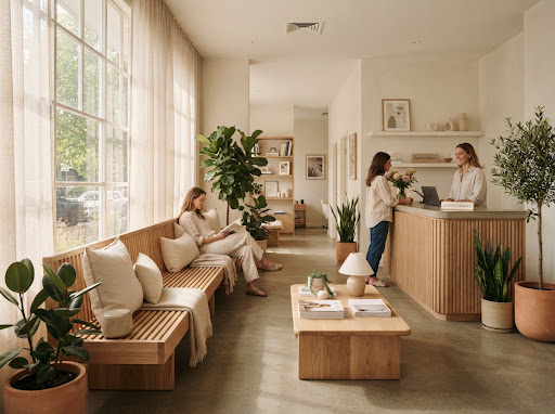 Sunlit cozy clinic waiting area