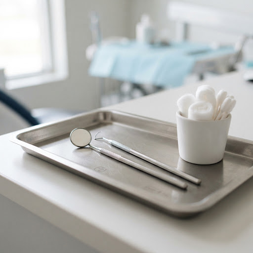 Clean dental mirror tools on sterile tray