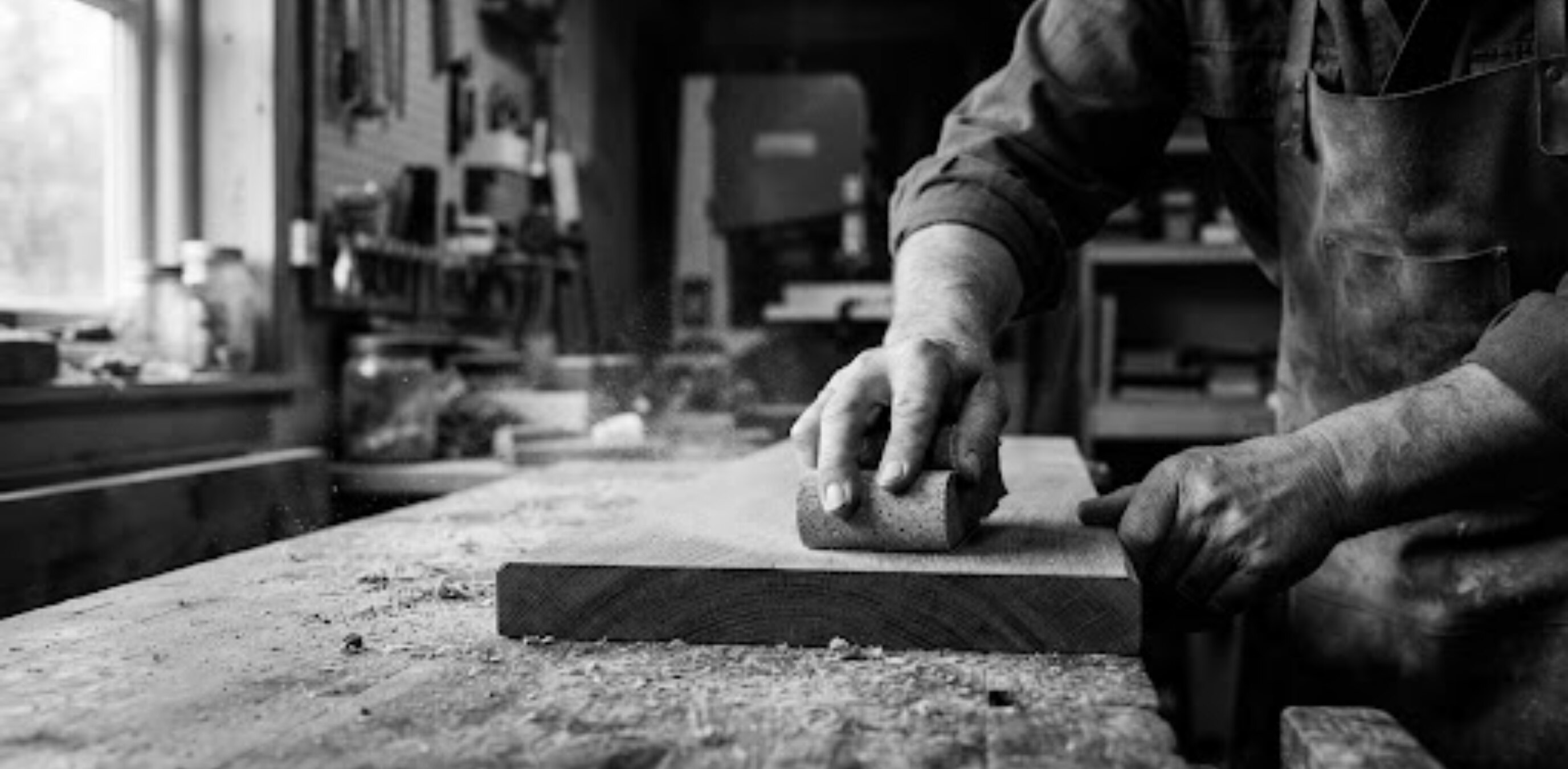 Hands sanding wood in workshop