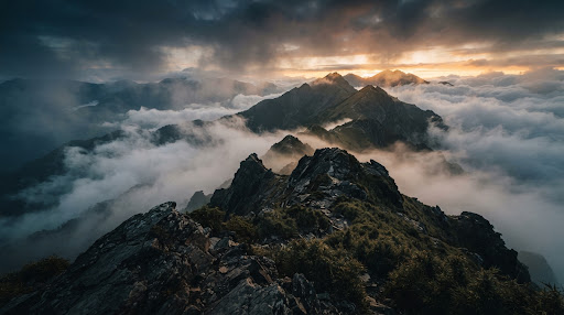 Misty Taiwan mountain ridge at sunrise