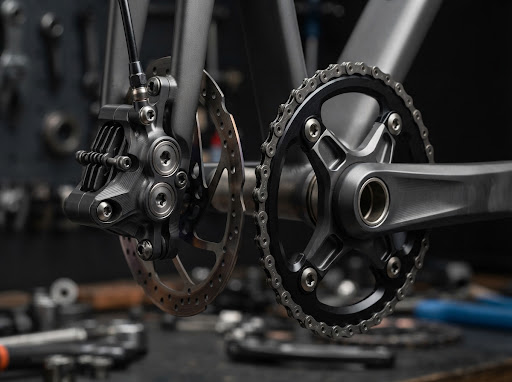 High precision CNC machined bicycle chainring and disc caliper