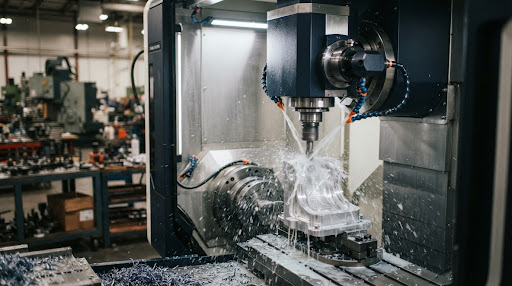 CNC spindle high precision milling operation with coolant