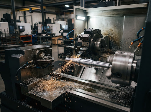 CNC lathe turning steel shaft with friction sparks