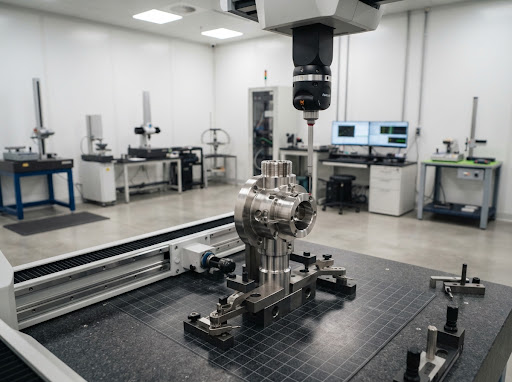 High precision coordinate measuring machine CMM inspection probe on machined part
