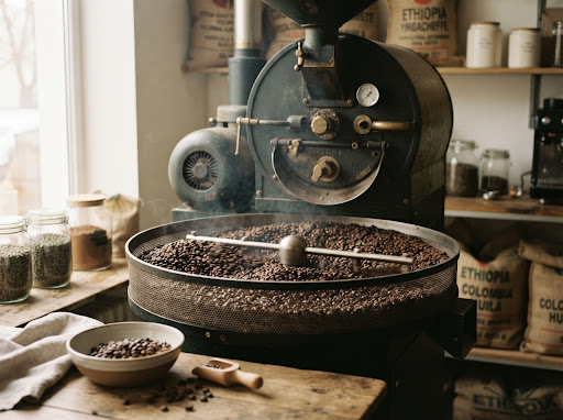 Freshly roasted specialty coffee beans cooling in drum
