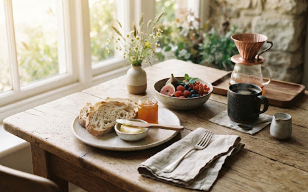 Morning ritual breakfast on rustic wooden table